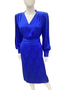 Vintage Francesca Of Damon Dress Women’s Size M 100% Silk Midi Long Sleeve Blue